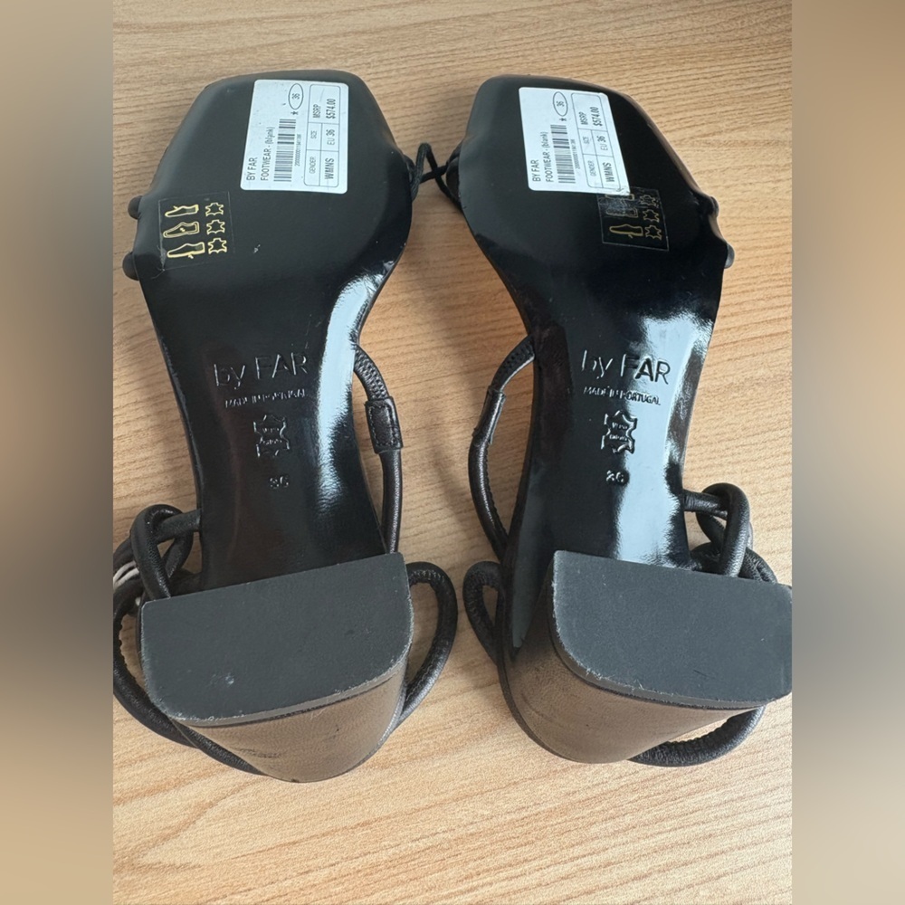 By Far Charlie Black Leather Knot Sandals Size 36 Square Toe 2.5” Heel - Picture 11 of 15